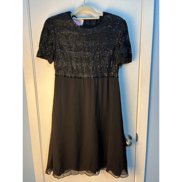 Talbots Formal Dress Small Black Silk Chiffon Beaded Bodice Cocktail Holidays - Picture 1 of 6